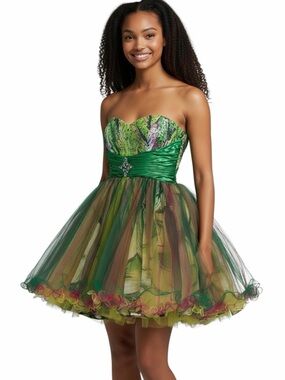 NWT May Queen Green Multicolor Sequin Tulle Satin Mini Dress Prom Homecoming 14